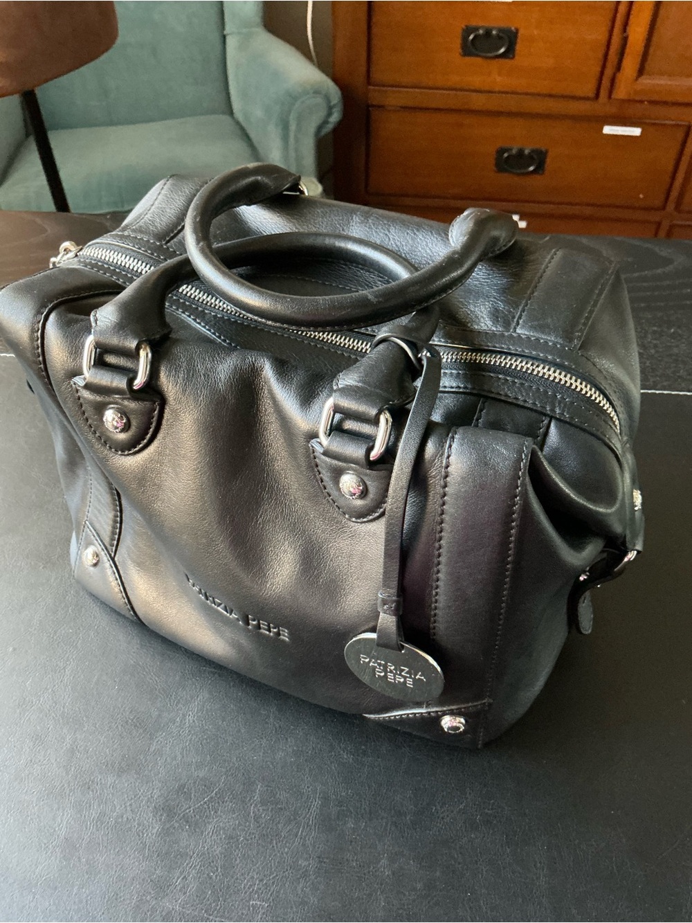 Patrizia Pepe Black Leather Duffel Satchel